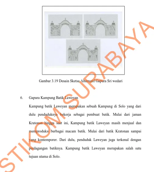 Gambar 3.19 Desain Sketsa Alternatif Gapura Sri wedari  6.      Kampung batik Laweyan merupakan sebuah Kampung di Solo yang dari dulu penduduknya bekerja sebagai pembuat batik