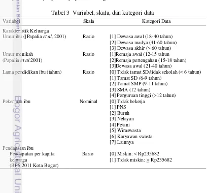 Tabel 3  Variabel, skala, dan kategori data 