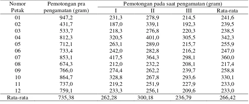 Tabel 1. Produktivitas hijauan  pakan rusa pada setiap petak contoh dan setiap kali pemotongan 