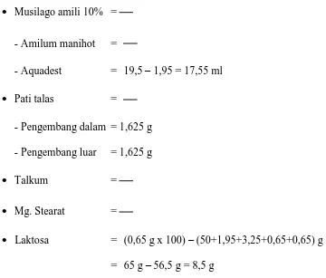 Tabel 3.2 Formula tablet parasetamol untuk 100 tablet 