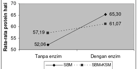 Gambar 6. Kadar protein hati pada perlakuan SBM dan SBM+KSM dengan dan tanpa penambahan enzim fitase