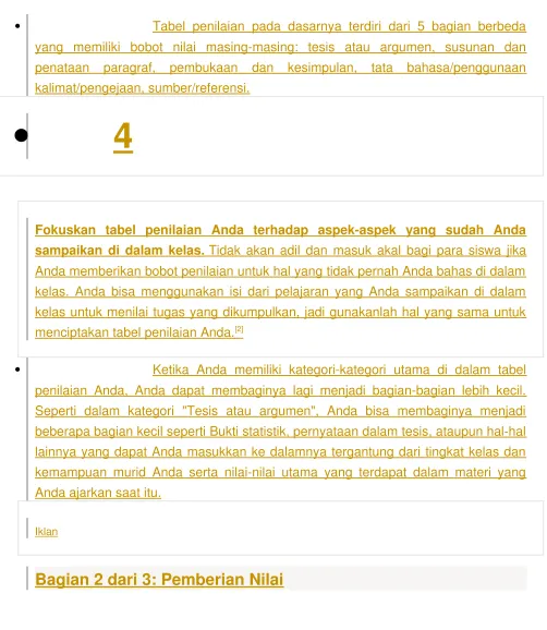 Tabel penilaian pada dasarnya terdiri dari 5 bagian berbeda