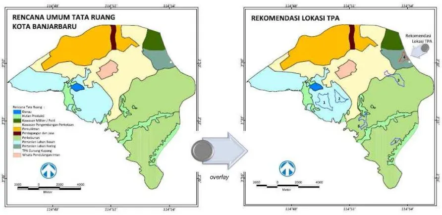 Gambar 1 Peta RUTR Kota Banjarbaru dan Peta Rekomendasi Lokasi TPA Sumber: Hasil Analisis Peneliti 