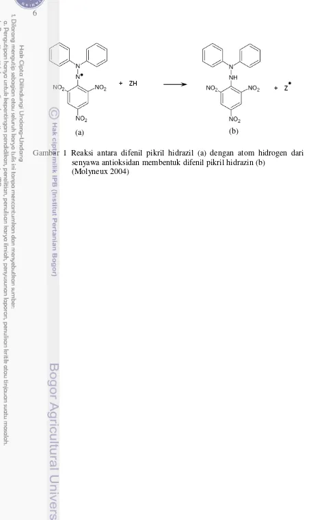 Gambar 1 Reaksi antara difenil pikril hidrazil (a) dengan atom hidrogen dari 