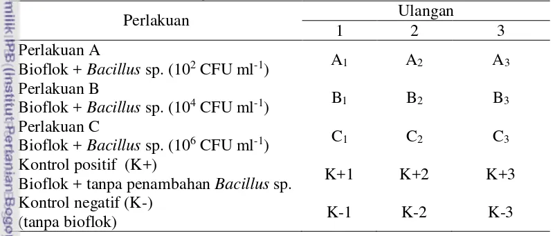 Tabel 1   Rancangan perlakuan ikan lele (Clarias sp.) dalam budidaya super intensif 