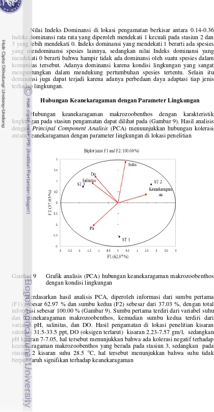 Gambar 9   Grafik analisis (PCA) hubungan keanekaragaman makrozoobenthos 