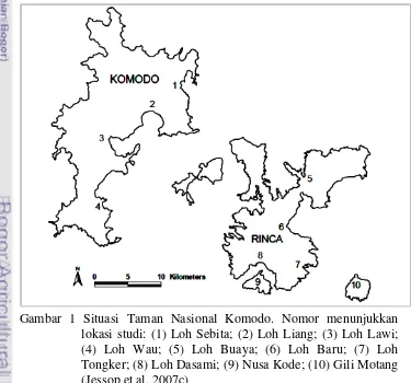 Gambar 1 Situasi Taman Nasional Komodo. Nomor menunjukkan lokasi studi: (1) Loh Sebita; (2) Loh Liang; (3) Loh Lawi; (4) Loh Wau; (5) Loh Buaya; (6) Loh Baru; (7) Loh Tongker; (8) Loh Dasami; (9) Nusa Kode; (10) Gili Motang (Jessop et al