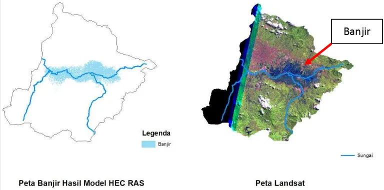 Gambar 6 Peta distribusi banjir hasil model dan Landsat bulan Mei 2000 