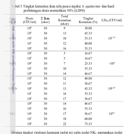 Tabel 5 Tingkat kematian ikan nila pasca injeksi S. agalactiae dan hasil 