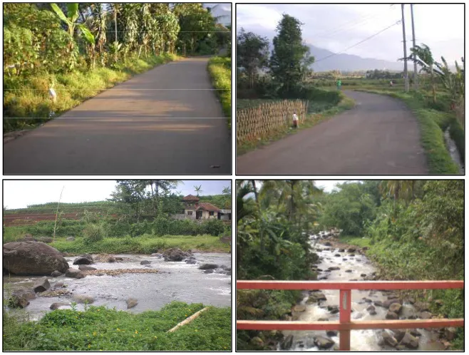 Gambar 4. Batas Tapak: Patok Batas Desa Cihideung Udik (Kiri Atas); Patok Batas Desa Gunung Malang (Kanan Atas); Sungai Cihideung (Kiri Bawah); Sungai Cinangneng (Kanan Bawah) 