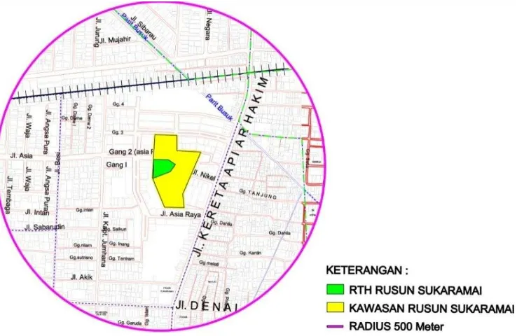 Gambar 5.2 Peta Kawasan RTH Rusun Radius 500 Meter  (Sumber: Ilustrasi Pribadi) 