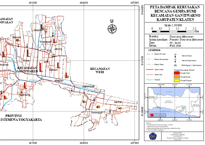 Gambar 1.1 Peta Dampak Kerusakan Akibat Bencana Gempa Bumi Kecamatan Gantiwarno Kabupaten Klaten Tahun  2006