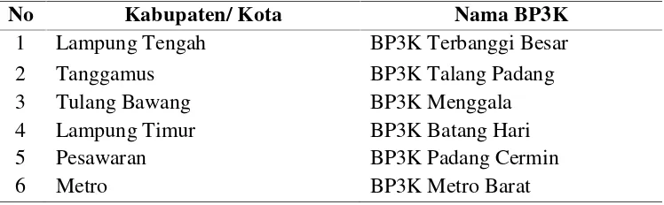 Tabel 2. Daftar BP3K Model CoE Provinsi Lampung