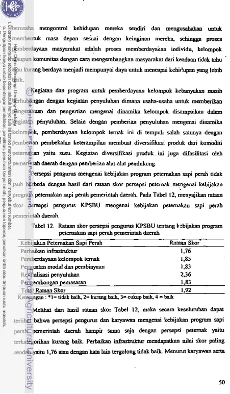 Tabel 12. Raraan skor per;epsi pengurus KPSBU - tentang kzbijakan program 