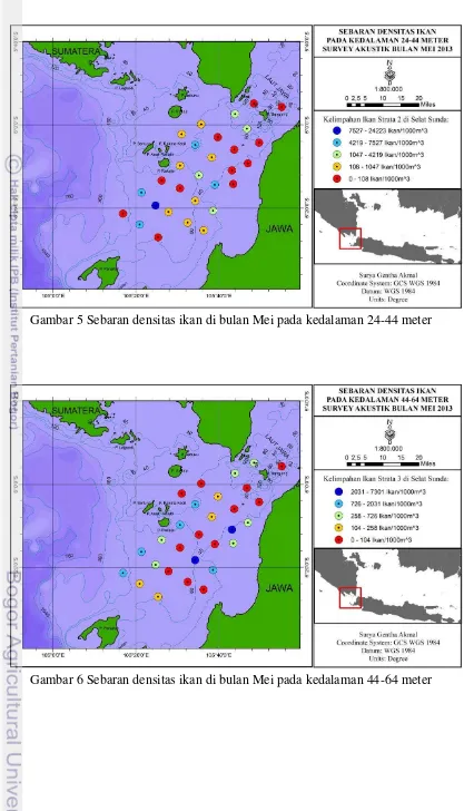 Gambar 5 Sebaran densitas ikan di bulan Mei pada kedalaman 24-44 meter 