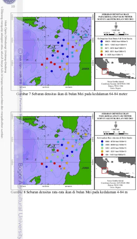 Gambar 7 Sebaran densitas ikan di bulan Mei pada kedalaman 64-84 meter 