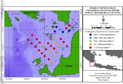 Gambar 13 Sebaran densitas ikan di bulan Juni pada kedalaman 64-84 meter 