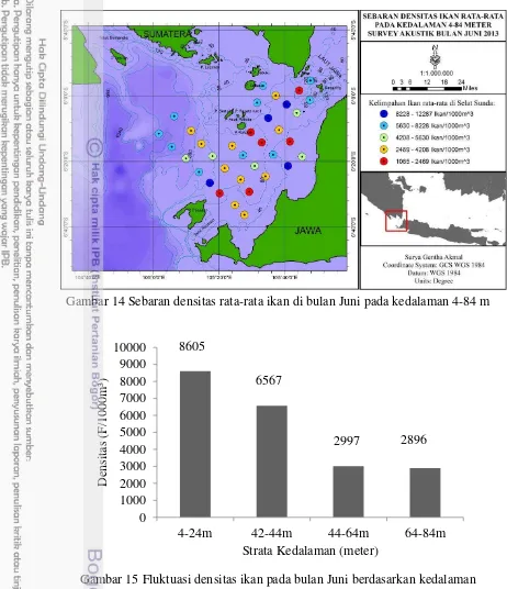 Gambar 14 Sebaran densitas rata-rata ikan di bulan Juni pada kedalaman 4-84 m 