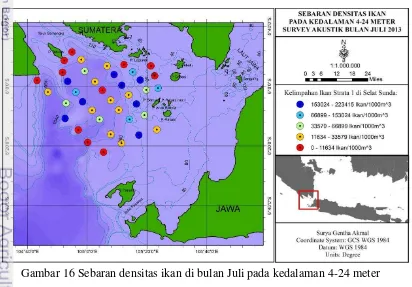 Gambar 16 Sebaran densitas ikan di bulan Juli pada kedalaman 4-24 meter 