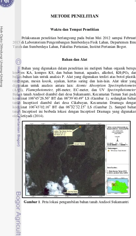 Gambar 1. Peta lokasi pengambilan bahan tanah Andisol Sukamantri  