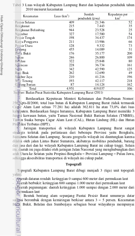 Tabel 3 Luas wilayah Kabupaten Lampung Barat dan kepadatan penduduk tahun 2010 menurut kecamatan 