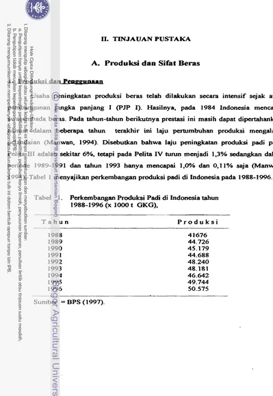 Tabel 1. Perkernbangan Produksi Padi di Indonesia tahun 