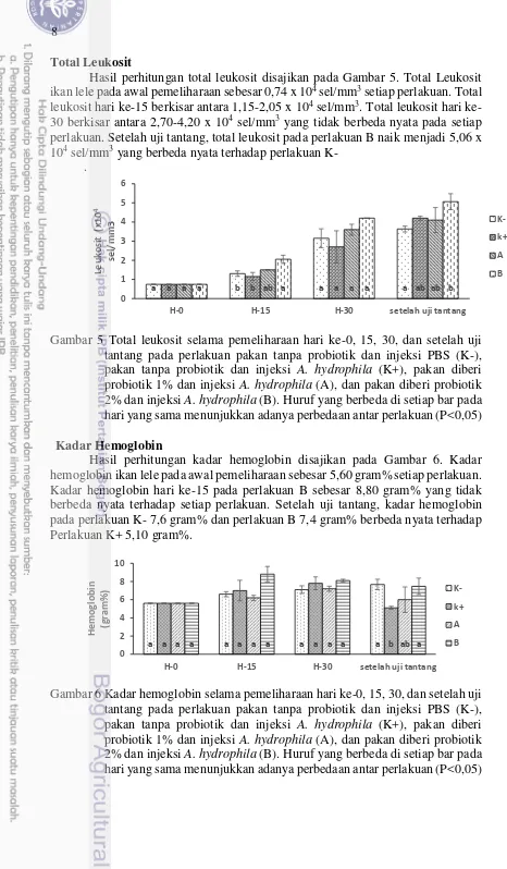 Gambar 5 Total leukosit selama pemeliharaan hari ke-0, 15, 30, dan setelah uji 