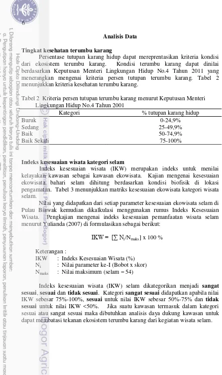 Tabel 2  Kriteria persen tutupan terumbu karang menurut Keputusan Menteri 