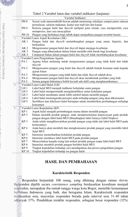 Tabel 2 Variabel laten dan variabel indikator (lanjutan) 