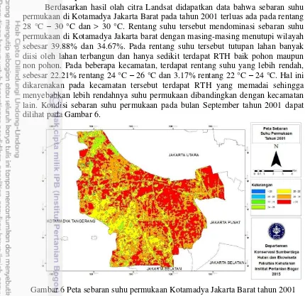 Gambar 6 Peta sebaran suhu permukaan Kotamadya Jakarta Barat tahun 2001 