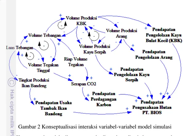 Gambar 2 Konseptualisasi interaksi variabel-variabel model simulasi  Keenam  submodel  di  atas  memberikan  kontribusi  berupa  pendapatan  terhadap keseluruhan pengusahaan hutan mangrove di PT BIOS yang ditandakan  dengan panah positif pada Gambar 2