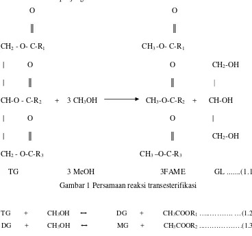 Gambar 1 Persamaan reaksi transesterifikasi 