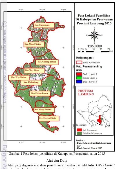 Gambar 1 Peta lokasi penelitian di Kabupaten Pesawaran tahun 2015 