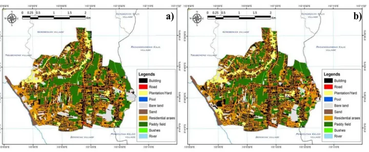 Fig. 2  Land use maps of Kerobokan Kelod Village. (a) 16 May 2006, and (b) 