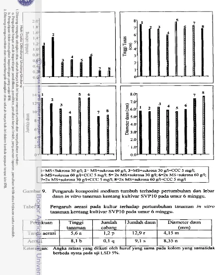 Gambar 9. Pengaruh komposisi medium tumbuh terhadap pertumbuhan dan lebar daun in vitro tanaman kentang kultivar SVP 10 pada umur 6 rninggu