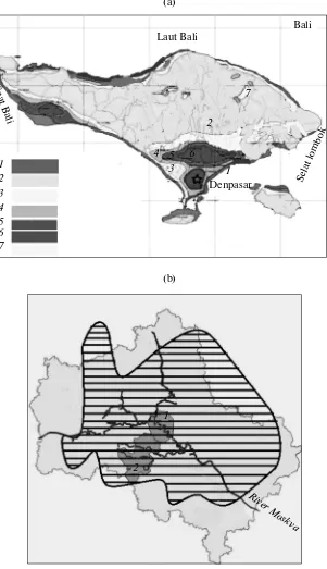 Fig. 4. Water spring potency in Bali (a) and location of depression cones in the Moscow region (b) [7, 11]