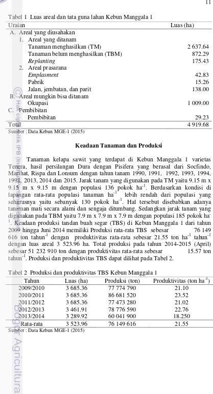 Tabel 2  Produksi dan produktivitas TBS Kebun Manggala 1 