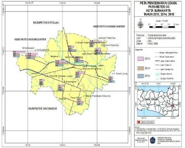 Gambar 3. Peta Pencemaran Udara Kota hasil tertinggi pada Jalan Kolonel Sugiono sebesar 56,90 µg/Nm3 dan hasil terendah pada Taman Balekambang dengan nilai sebesar 2,25 µg/Nm3
