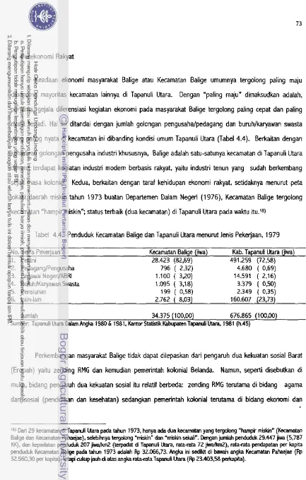 Tabel 4.4. Penduduk Kecamatan Balige dan Tapanuli Utara menurut lenis Pekejaan, 1979 