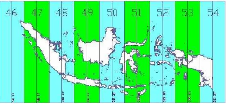 Gambar 5 Zona sistem koordinat di Indonesia (Oswald dan Astrini 2012) 