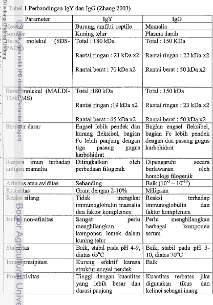 Tabel 1 Perbandingan IgY dan IgG (Zhang 2003) 