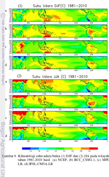 Gambar 6  Klimatologi suhu udara bulan (1) DJF dan (2) JJA pada wilayah tropis 