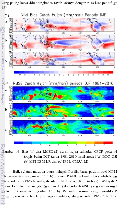 Gambar 14  Bias (1) dan RMSE (2) curah hujan terhadap GPCP pada wilayah 