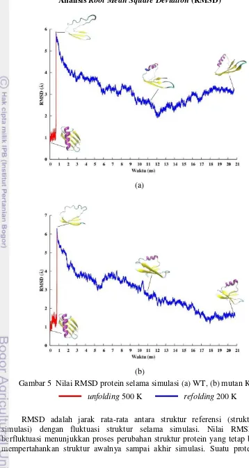 Gambar 5  Nilai RMSD protein selama simulasi (a) WT, (b) mutan K4A  
