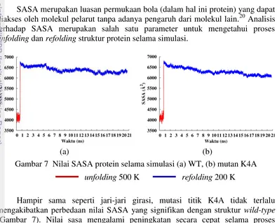 Gambar 7  Nilai SASA protein selama simulasi (a) WT, (b) mutan K4A  