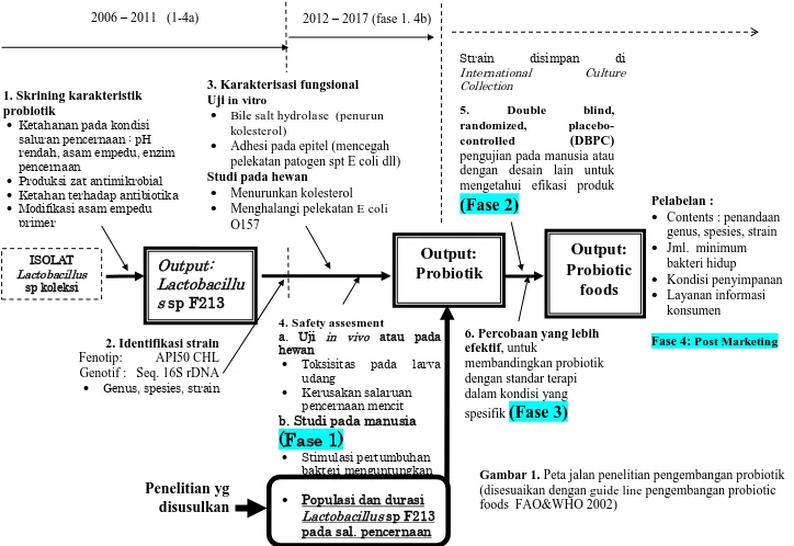 Gambar 1. Peta jalan penelitian pengembangan probiotik (disesuaikan dengan guide line pengembangan probiotic 