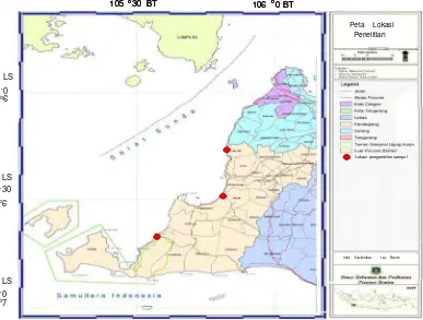 Gambar  3  Peta lokasi pengambilan sampel di Kabupaten Pendeglang. 