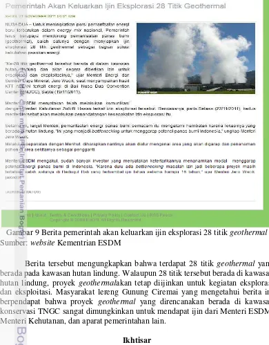 Gambar 9 Berita pemerintah akan keluarkan ijin eksplorasi 28 titik geothermal 