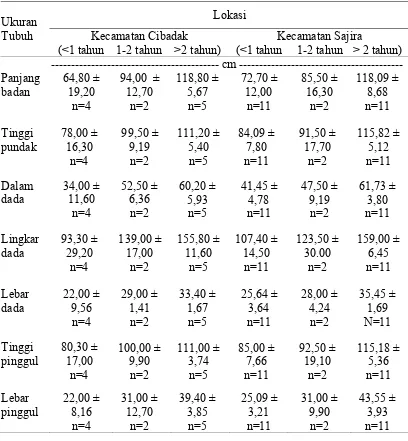 Tabel 5. Rataan Ukuran-ukuran Tubuh Kerbau Jantan di Kecamatan Cibadak                            dan Sajira Berdasarkan Kelompok Umur 