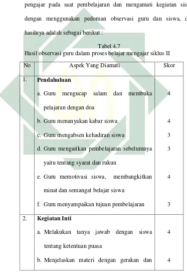 Tabel 4.7 Hasil observasi guru dalam proses belajar mengajar siklus II 